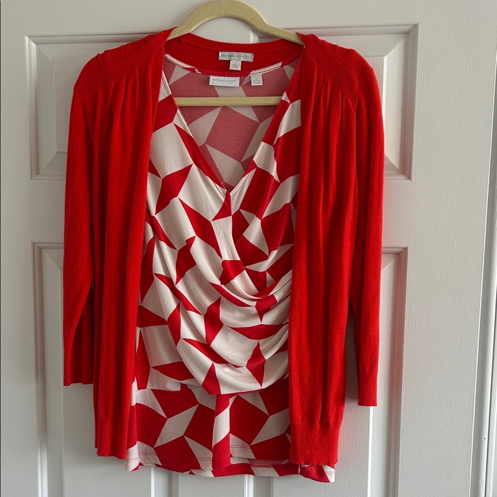 New York & Company Red and White Geometric Draped Blouse with Red Cardigan